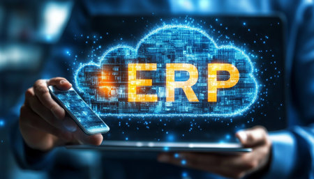 Businessman Using Cloud Based ERP System For Enterprise Resource Planning On Laptop And Mobile.の素材