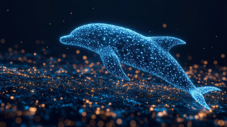 Futuristic Blue Holographic Dolphin Swimming Through Digital Space, Modern Technology Illustrationの素材