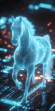 Holographic Horse in Digital Space, Representing Futuristic Technology and Innovationの素材