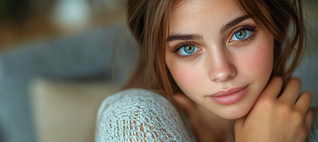 Portrait of a Beautiful Young Woman with Striking Blue Eyes and a Delicate, Natural Lookの素材