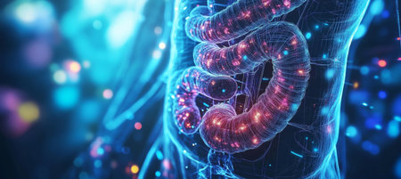 3D Illustration of Abstract Human Digestive System Anatomy on Vibrant Blue Medical Backgroundの素材