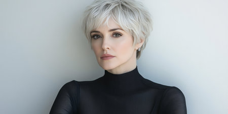 Portrait of a Stylish Mature Woman with Striking Silver Hair, Isolated on a White Backgroundの素材