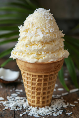 Refreshing Coconut Ice Cream with Coconut Flakes in Waffle Cone on Tropical Backgroundの素材
