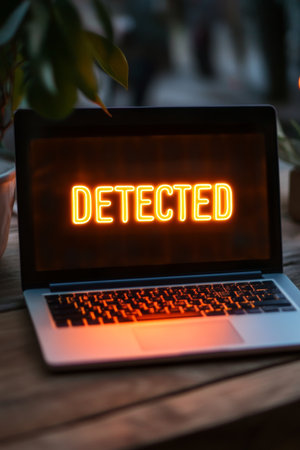 Cybersecurity alert on laptop screen , DETECTED glowing warning, dark tech background.の素材