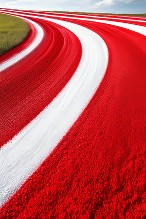 Red and White Racing Stripes Accentuating the Curves of a Winding Motor Speedway Trackの素材