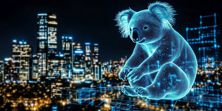 Holographic Koala in Digital Cityscape A Vision of Futuristic Technology and Innovationの素材