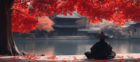 Zen Meditation by Tranquil Pond A lone figure finds peace amidst the fiery hues of autumn in Japan.の素材