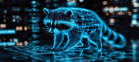 Holographic Raccoon in Digital Space Futuristic Technology Embodied in Nature,. Lighting the Futureの素材