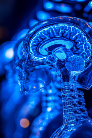 Neurological Anatomy A Transparent 3D Visualization Of The Human Brain In Neon Blueの素材
