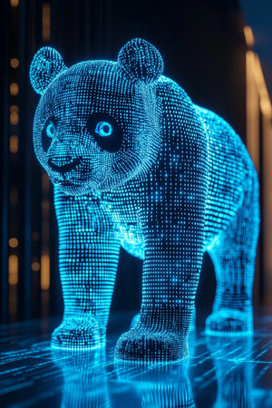 Holographic Panda Bear in Digital Space, Representing Modern Technology and Innovation.の素材