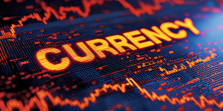Currency, Finance And Analysis Concept. Glowing Outline Of A Financial Graph On Abstract Backgroundの素材