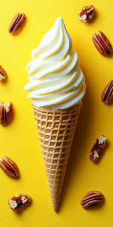 Classic Butter Pecan Ice Cream Cone on Vibrant Yellow Background Surrounded by Toasted Pecan Halvesの素材