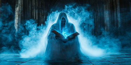 Gothic Sorcerer Unleashing Arcane Power From Ancient Book in Mystical Ritual, Fantasy Illustrationの素材