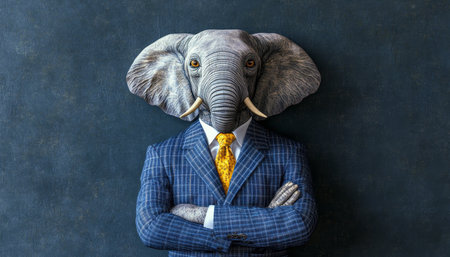 Anthropomorphic Elephant in Corporate Business Suit, Power and Success Concept on Dark Backgroundの素材