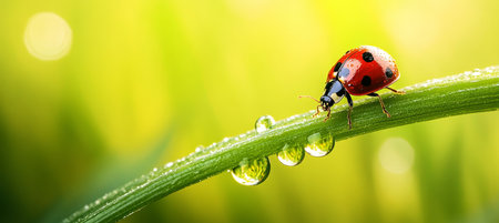 Vibrant red ladybug on a blade of grass with shimmering water droplets, a symbol of spring.の素材