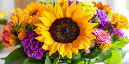 Vibrant Summer Bouquet Yellow Sunflowers, Pink and Purple Petunias, and Orange Gerberasの素材