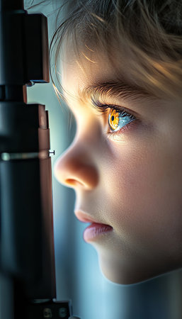 Young Girl Undergoing Eye Examination with a Medical Slit Lamp, Detailing Vision Care.の素材