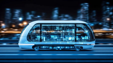 Autonomous Electric Bus with Digital Network Connectivity, Smart City Transportation Concept.の素材