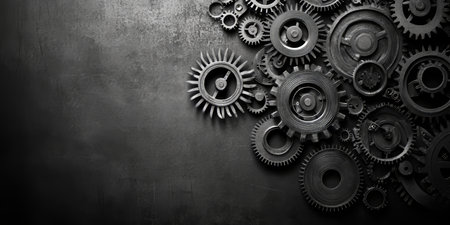 Metal Gears and Cogwheels on Dark Background, Abstract Mechanical Engineering Technology Conceptの素材