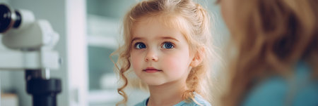 Young Girl with Blonde Hair Having Her Eyesight Checked by Ophthalmologist in a Modern Clinicの素材