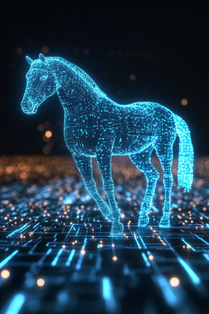 Holographic Horse in Digital Landscape Embracing the Fusion of Technology and Natureの素材