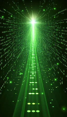 Green Digital Data Tunnel, Futuristic Technology Background With Binary Code Stream And Bright Lightの素材