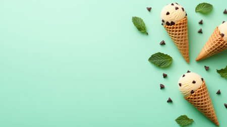 Refreshing Mint Chocolate Chip Ice Cream Cones On Green Background, Summer Treat, Copy Spaceの素材