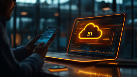 Businessman Accessing Cloud-Based Business Intelligence On Mobile Device, Futuristic Neon BI Icon.の素材