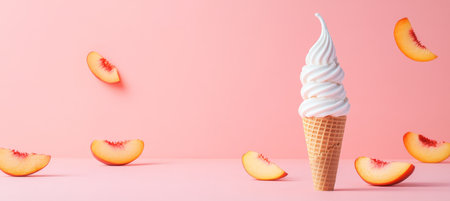 Ice Cream Cone and Fresh Peach Slices on a Peachy Coral Background, Summer Dessert Conceptの素材