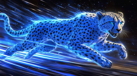 Blue Holographic Cheetah in Digital Space, Modern Technology and Futuristic Wildlife Conceptの素材