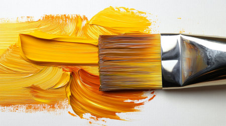 Golden Hues Vibrant Yellow Oil Paint Applied with a Brush, Textured Art Background on White Canvasの素材
