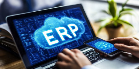 Businessman Using Laptop with Cloud ERP Icon, Enterprise Resource Planning System Conceptの素材