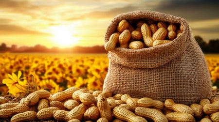 Sack of Freshly Harvested Peanuts in Field at Golden Hour, Ample Copy Space for Advertisingの素材