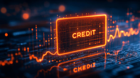 Orange Neon Credit Card Outline on Abstract Technology Background Symbolizing Finance and Securityの素材