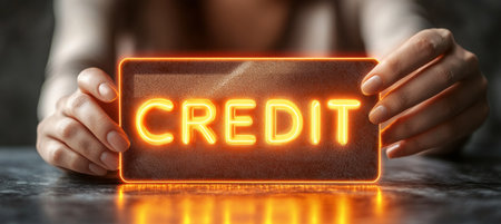 Woman Holding Glowing Neon Sign With Text Credit, Finance, Security, Technology Concept.の素材