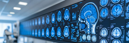 Neurological Research Display Blue Lit Brain MRI Scans Illuminating a Medical Facility Wallの素材