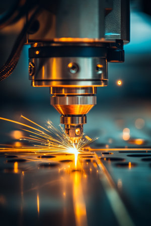 CNC Laser Cutting Machine in Action Precision Metalworking with Sparks and High-Tech Industryの素材