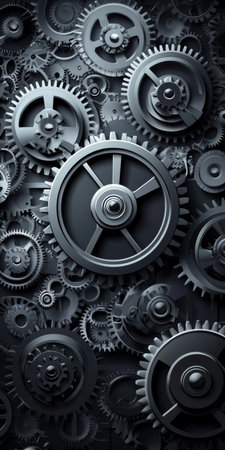 Intricate Metallic Gears In Black and White, Seamless background of many mechanical gearsの素材