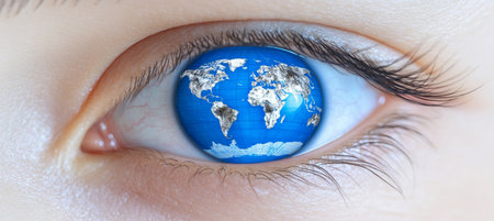 Close-Up of Human Eye with World Map Reflection Concept for Awareness, Globalization.の素材