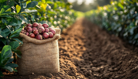 Freshly Harvested Nuts in a Burlap Sack on the Farm, Agricultural Background with Copy Spaceの素材