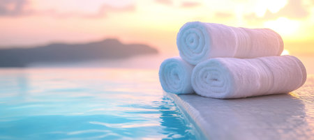 Three white spa towels by infinity pool with sunset ocean view, vacation and relaxation conceptの素材