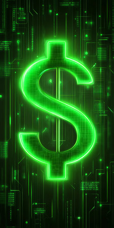 Glowing Green Neon Dollar Sign on Abstract Data Background, Financial Technology Concept.の素材