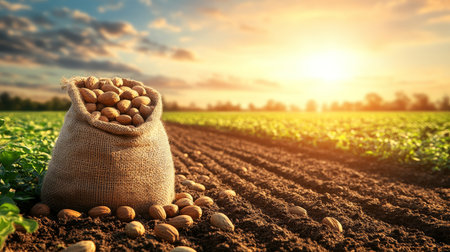 Freshly Harvested Pecans in Burlap Sack, Golden Hour Light on Farm Orchard, Copy Spaceの素材