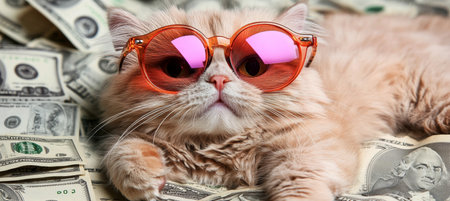Cool Rich Cat in Pink Sunglasses Lying on Money Cash, Success Wealth, Financial Conceptの素材