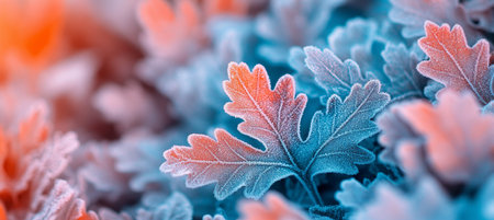 Vibrant Orange and Blue Frost Covered Oak Leaves, Bokeh Background, Shallow Depth Of Fieldの素材