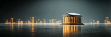 Neoclassical Bank Building In A High Tech, Neon Lit Virtual Cityscape Symbolizing Fintechの素材