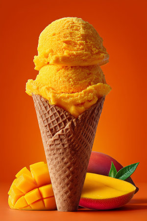Two Scoops of Mango Ice Cream in a Waffle Cone and Mango Slices on an Orange Backgroundの素材