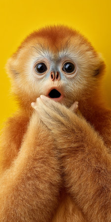 Oh My God Surprised Shocked Cute Golden Snub-Nosed Monkey With Open Mouth and Big Eyes Close Upの素材