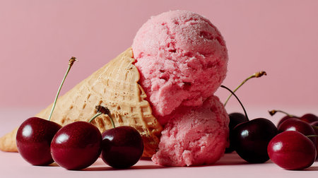 Delicious pink ice cream in waffle cone with fresh ripe cherries on a soft pink backgroundの素材