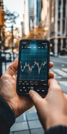 Investor Checking Market Data Analyzing Financial Charts On A Phone App For Trading On The Goの素材
